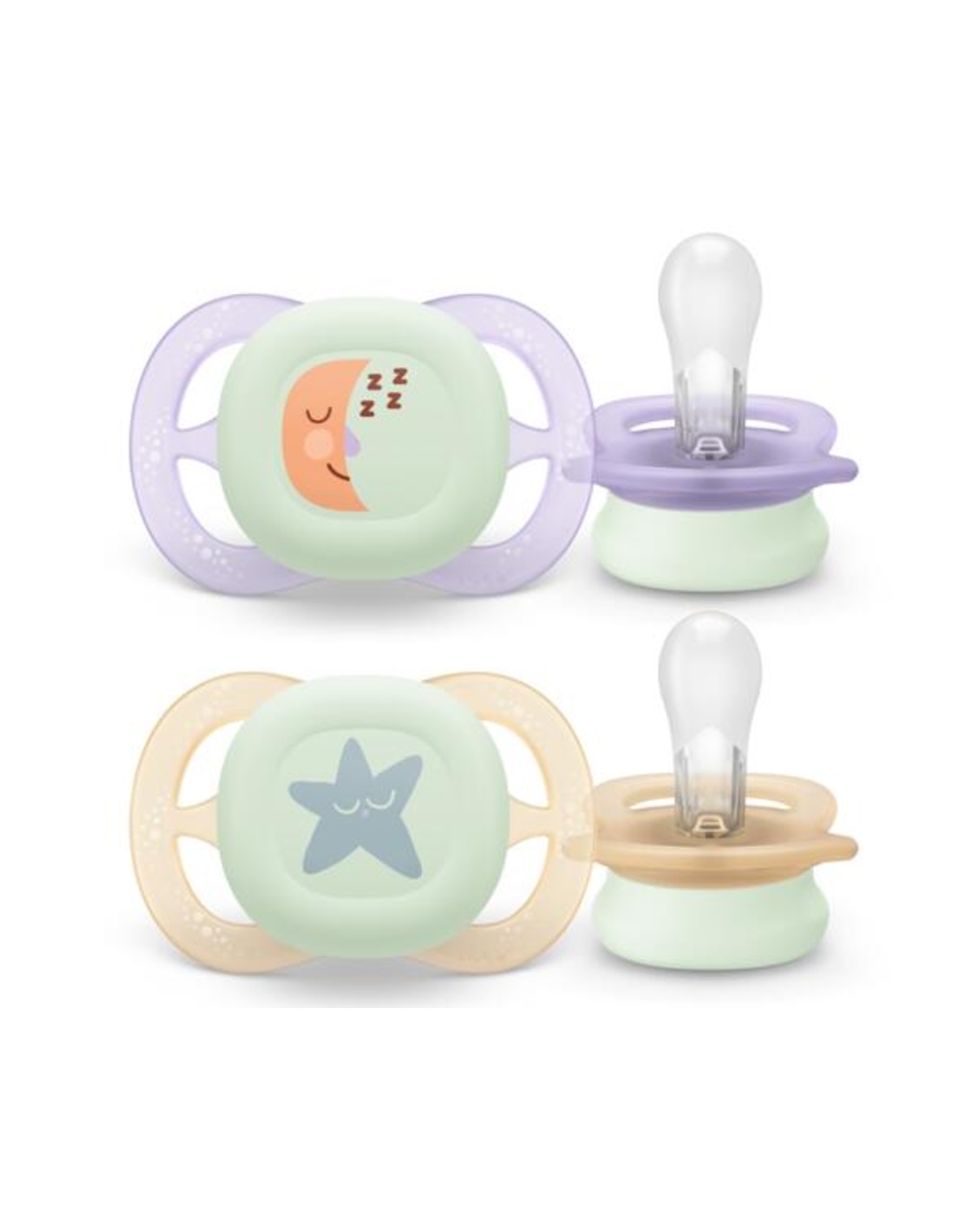 Succhietti ultra start 0-2m night pastello viola e arancione luna e stella, a base vegetale - set da 2 ciucci - philips avent