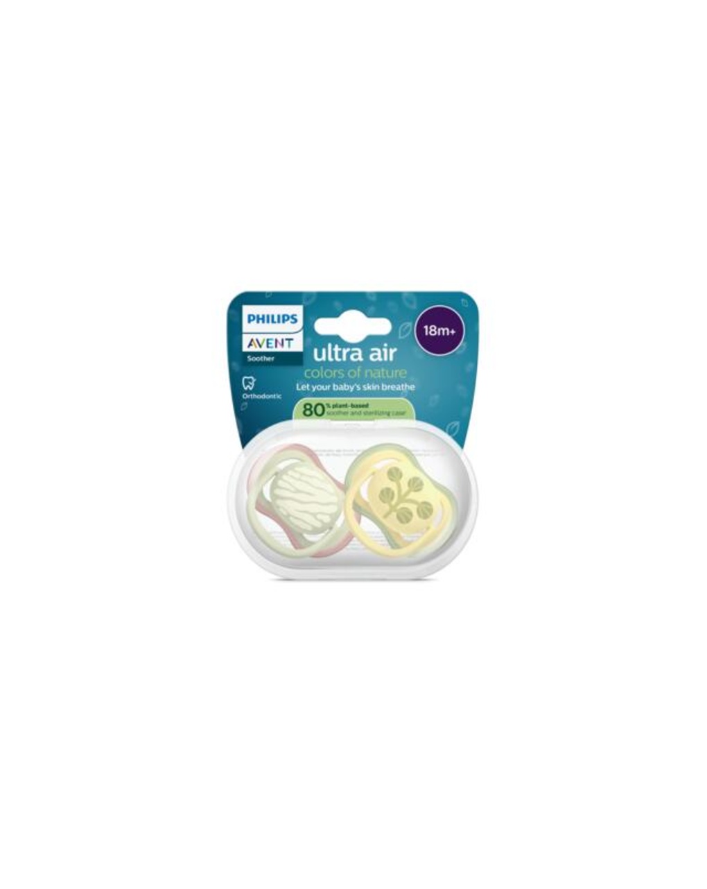 Succhietti ultra air 18m+ pastello verde e giallo con foglie, a base vegetale - set da 2 ciucci - philips avent