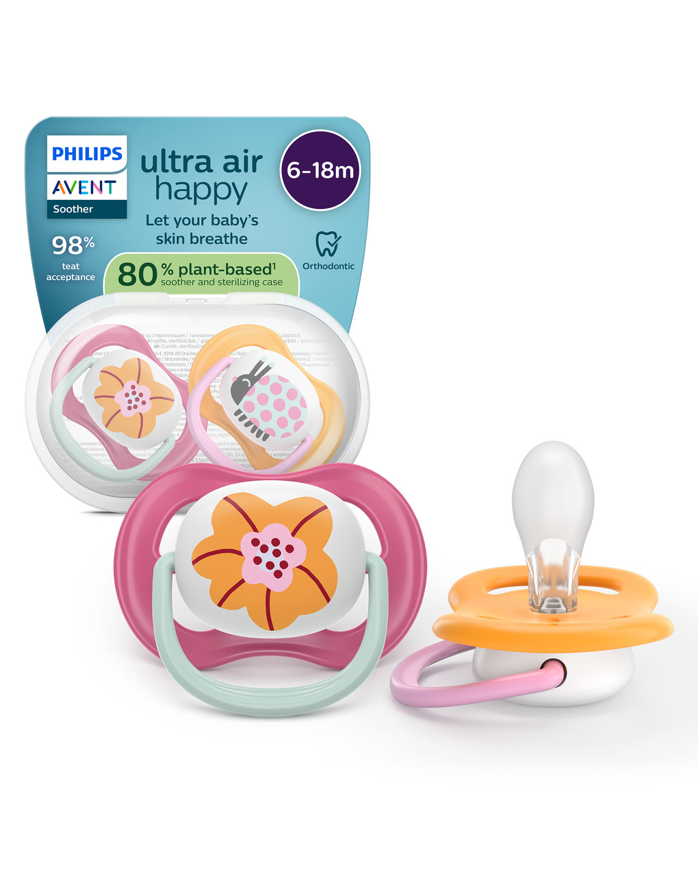 Succhietti ultra air collection 6-18m fiore e coccinella, a base vegetale - set da 2 ciucci - philips avent