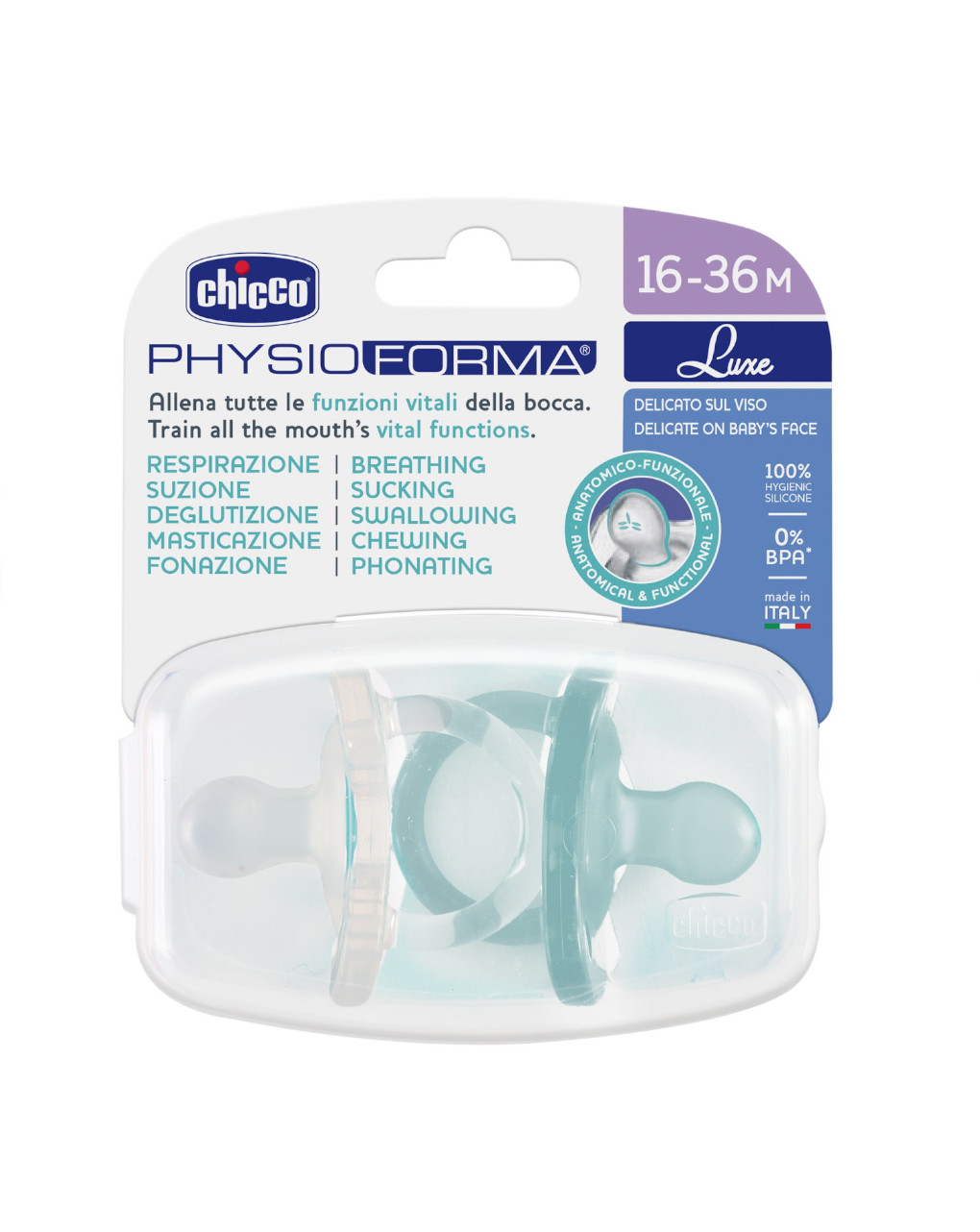 Gommotto silicone luxe 16-36m 2pz azzurro/trasparente - chicco