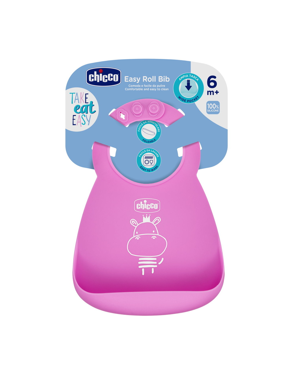 Bavaglino in silicone rosa 6m+ facile da arrotolare – chicco