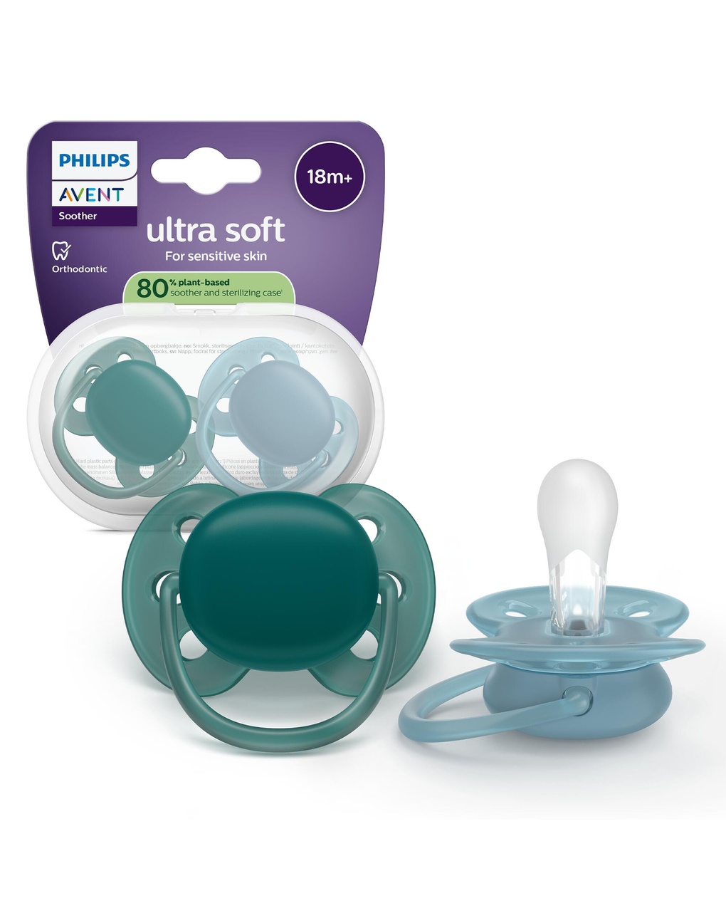 Succhietti ultra soft 18m+ pastello blu, a base vegetale - set da 2 ciucci - philips avent