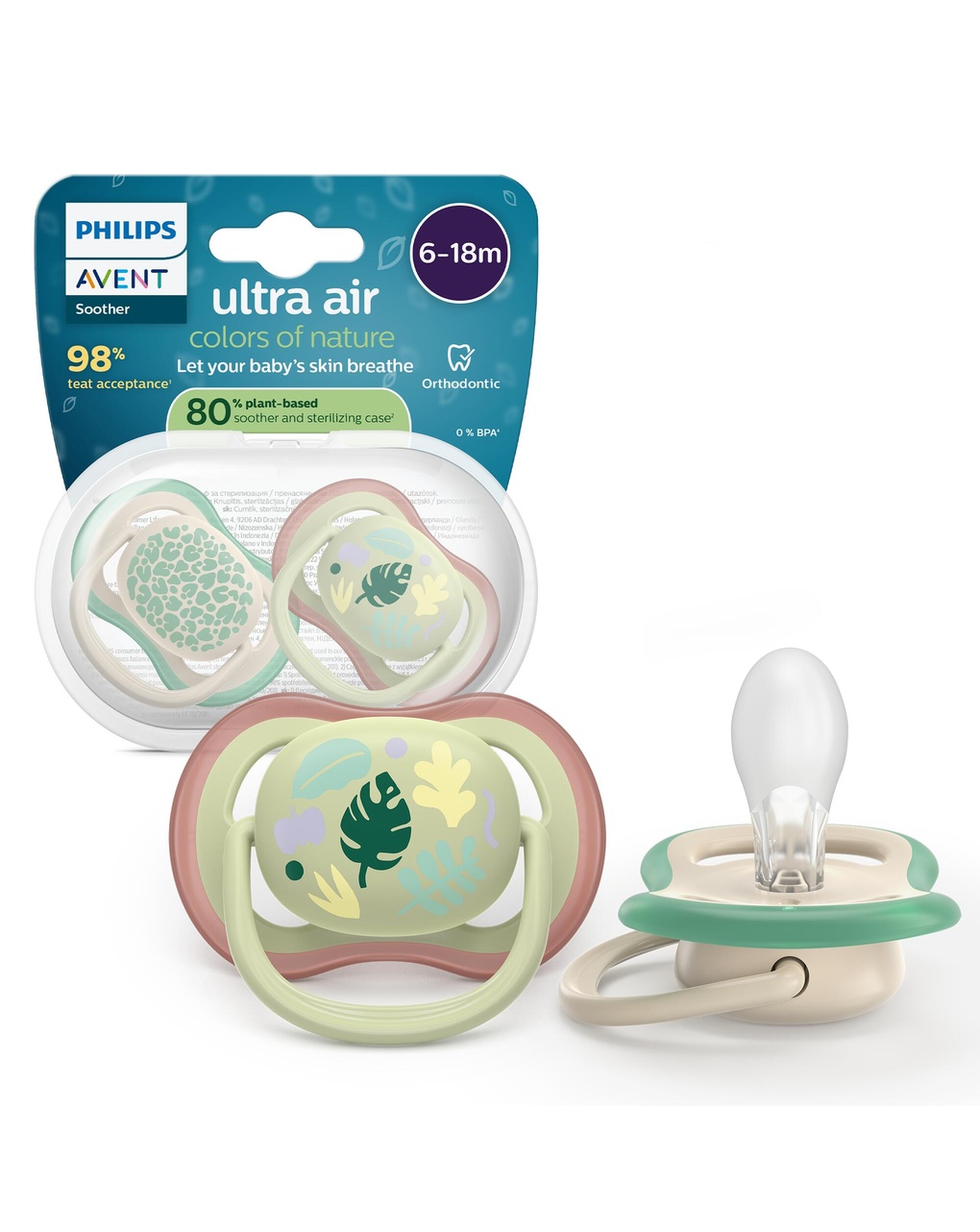 Succhietti ultra air 6-18m   pastello verde e marrone con foglie, a base vegetale - set da 2 ciucci - philips avent