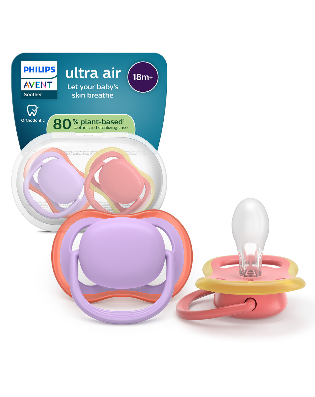 Succhietti ultra air 18m+ pastello viola e rosso, a base vegetale - set da 2 ciucci - philips avent
