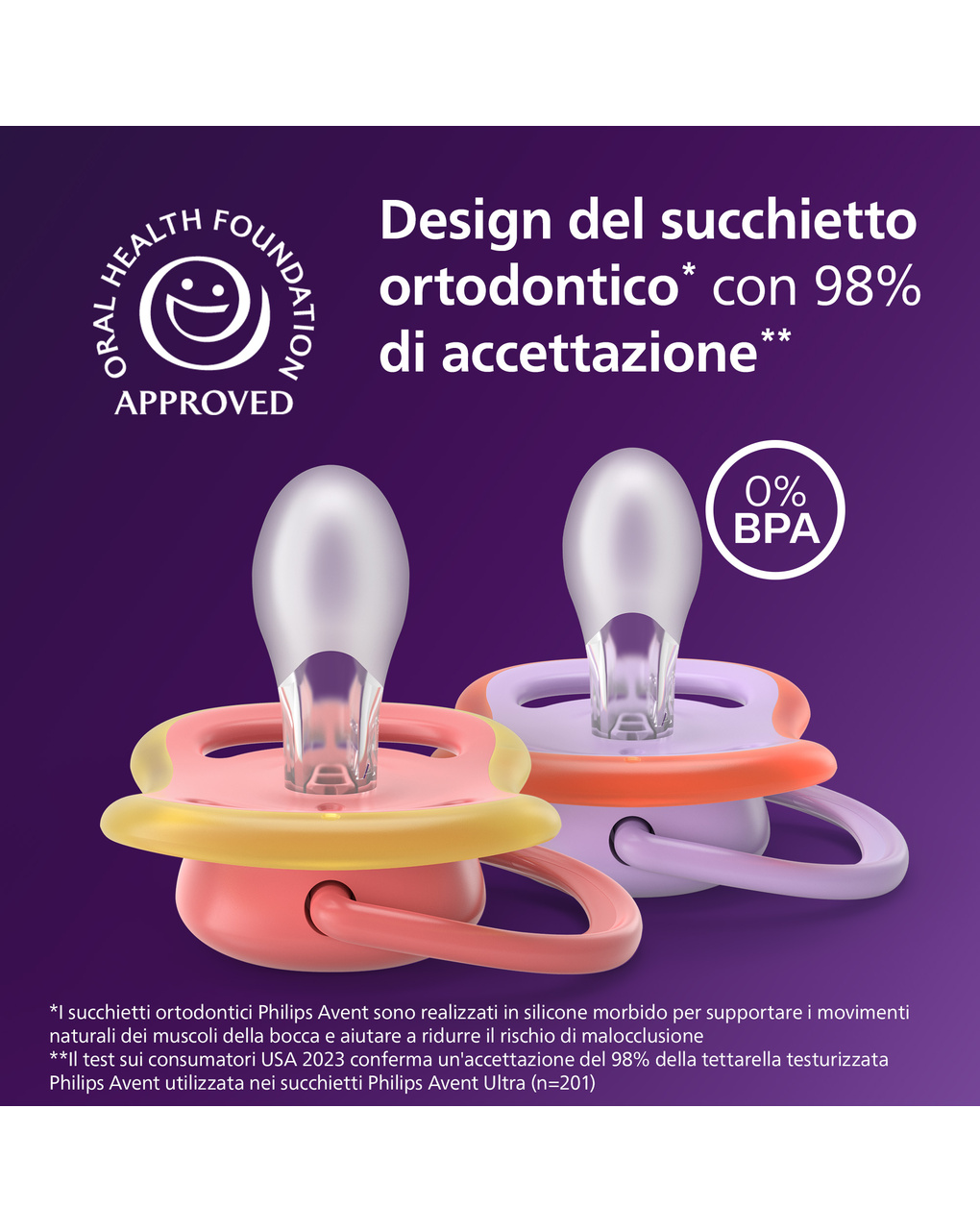 Succhietti ultra air 18m+ pastello viola e rosso, a base vegetale - set da 2 ciucci - philips avent