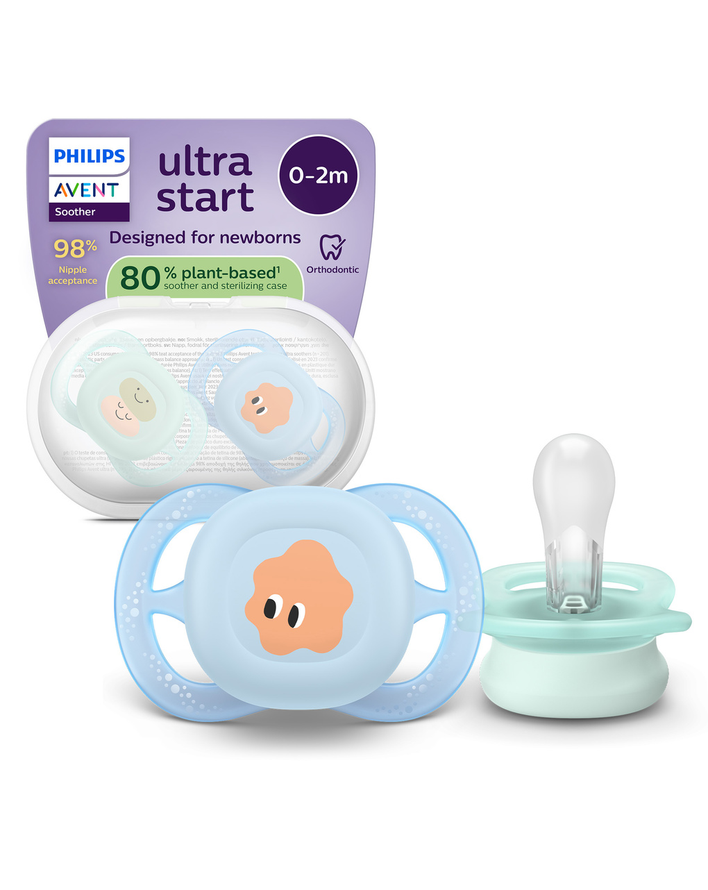 Succhietti ultra start 0-2m pastello verde e blu con decorazioni, a base vegetale - set da 2 ciucci - philips avent
