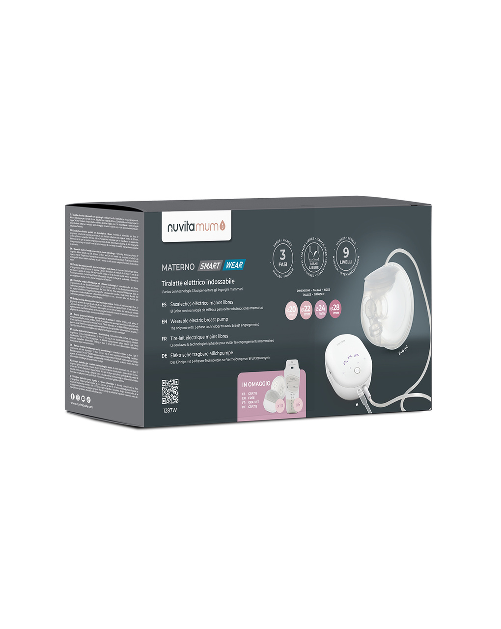Tiralatte elettrico indossabile singolo a 3 fasi materno smart wear 1287w - nuvita