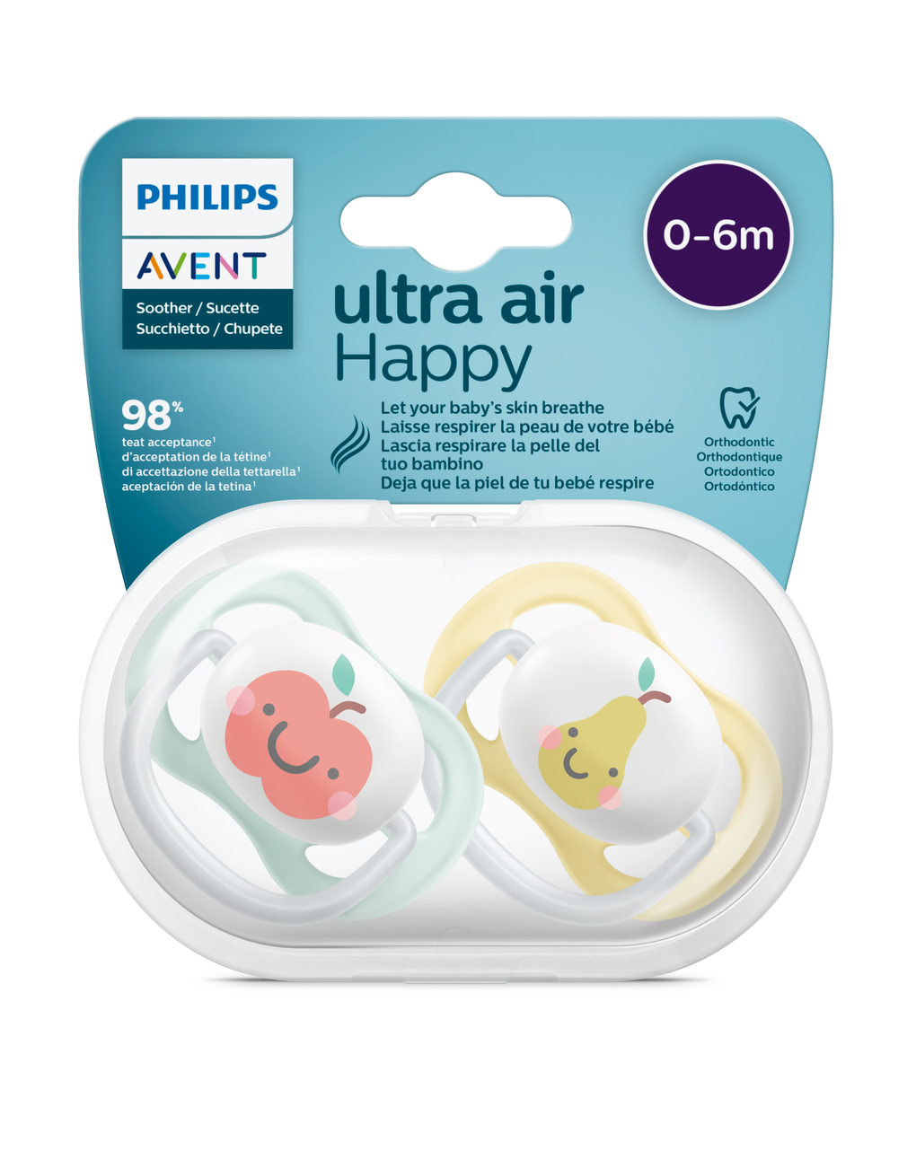 2 ciucci ultra air collection 0-6 mesi decorazione mela/pera - philips avent