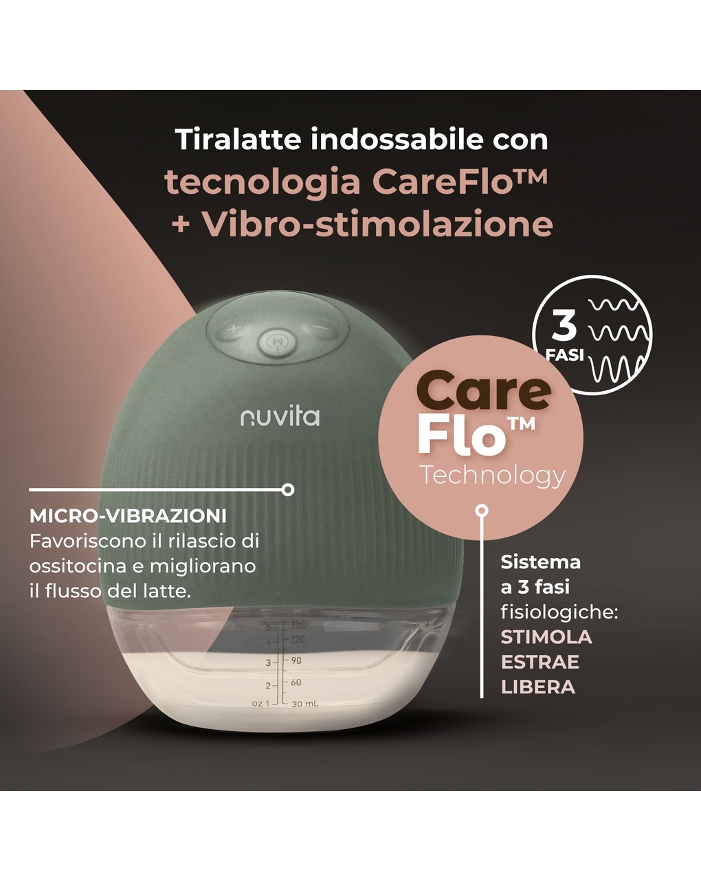 Tiralatte elettrico indossabile singolo materno flow a 3 fasi - nuvita