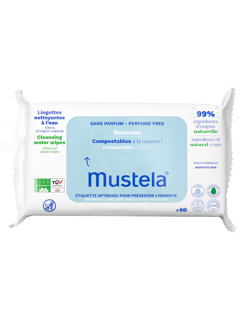 Salviette compostabili all'acqua senza profumo 60 pezzi - mustela