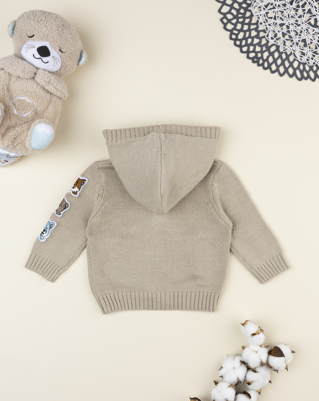 Cardigan beige bimbo con cappuccio
