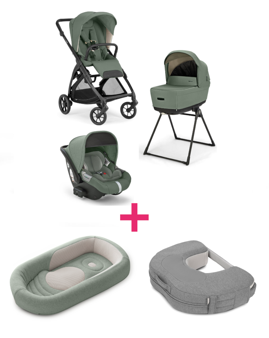 Trio inglesina system4 electa darwin  murray green con telaio total black + welcome pod balance green + cuscino allattamento elysia™ harmony grey a un prezzo speciale