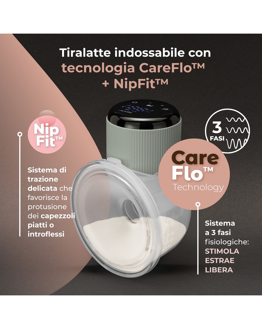 Tiralatte elettrico indossabile singolo materno comfort a 3 fasi - nuvita