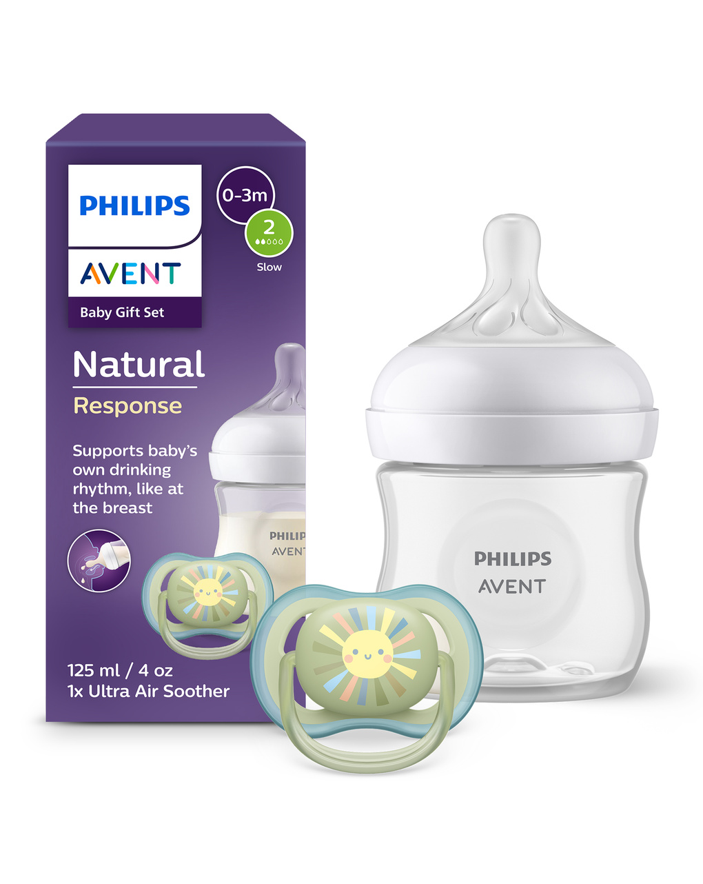 Set: un biberon natural response 125ml con tettarella flusso 2 (lento) 0-3m e un succhietto ultra air deco sole 0-6m. 1 set: scd837/10 - philips avent