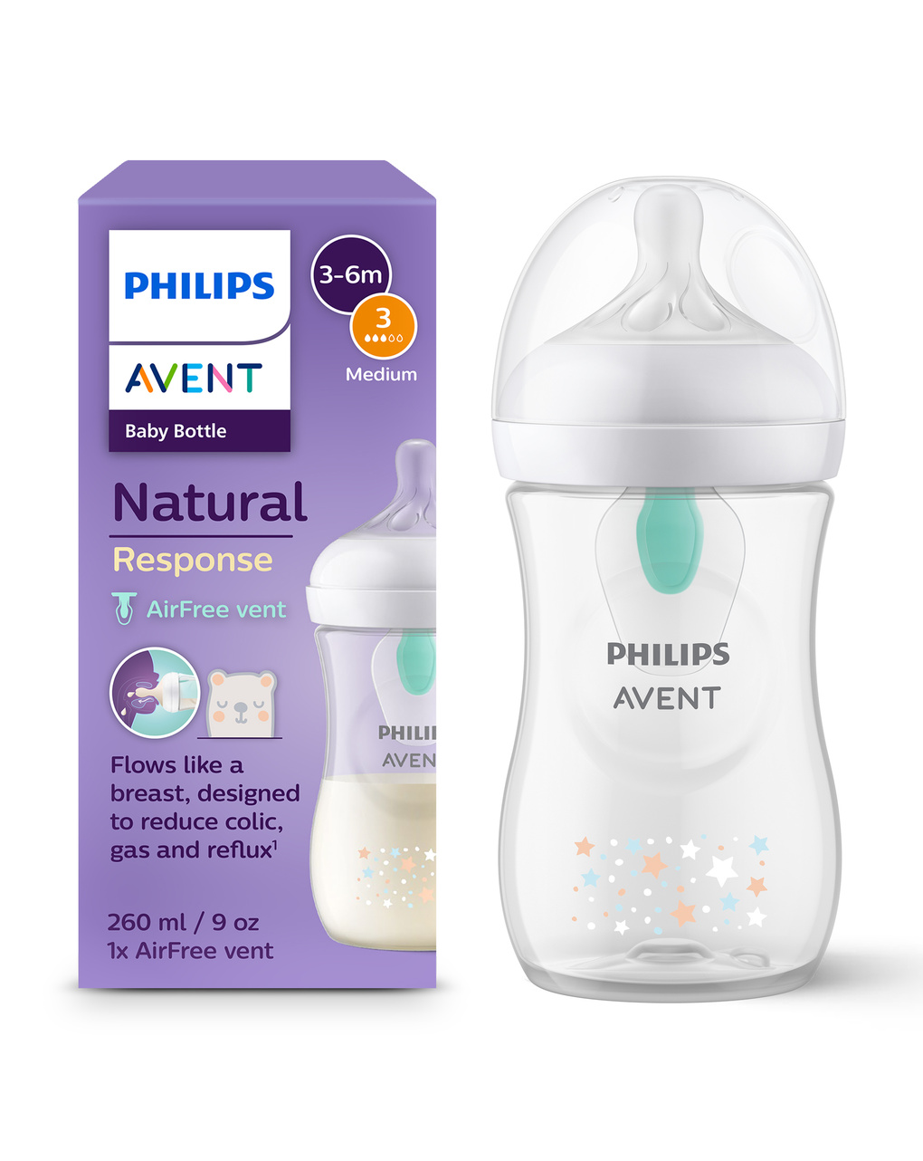 Biberon natural con tettarella a risposta naturale e valvola airfree  decorazione orsetto da 260 ml 1m+ | senza bpa - philips avent