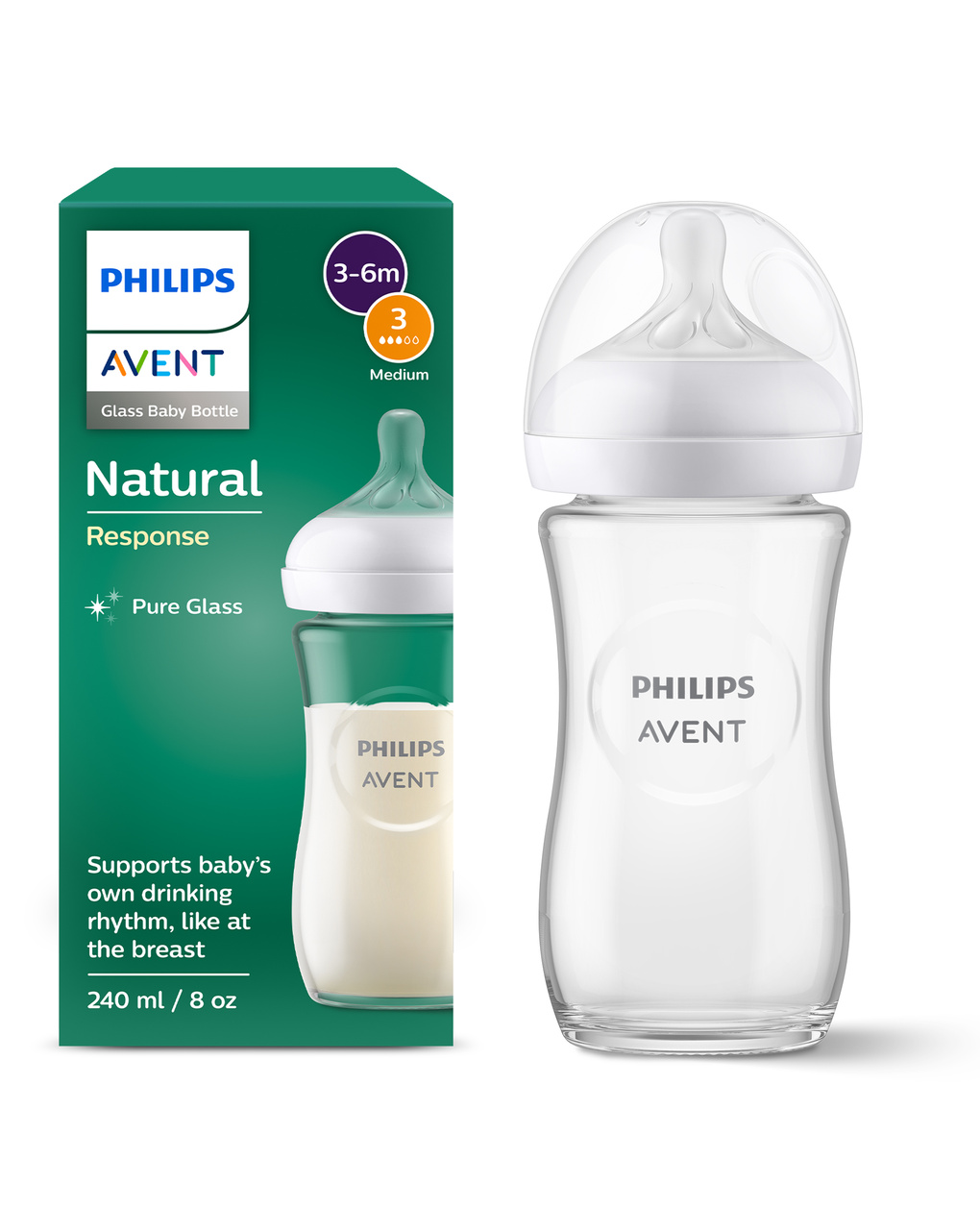 Biberon natural response in vetro 240 ml, con tettarella flusso 3 (medio). età consigliata: 3-6m. biberon 1 pz: scy933/01 - philips avent