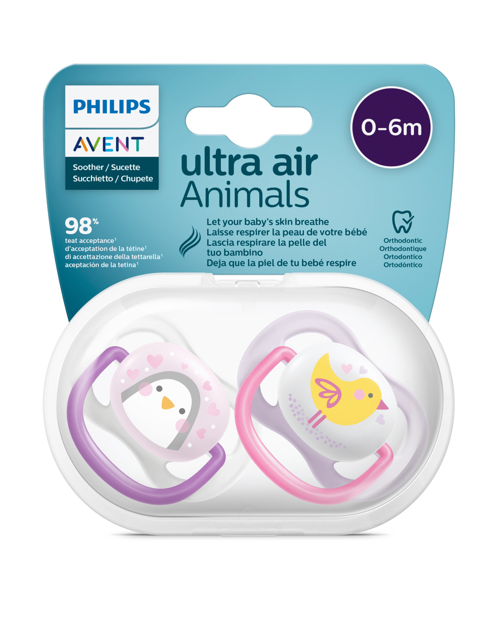 2 ciucci ultra air collection 0-6 mesi con tettarella simmetrica ortodontica - animaletti - philips avent