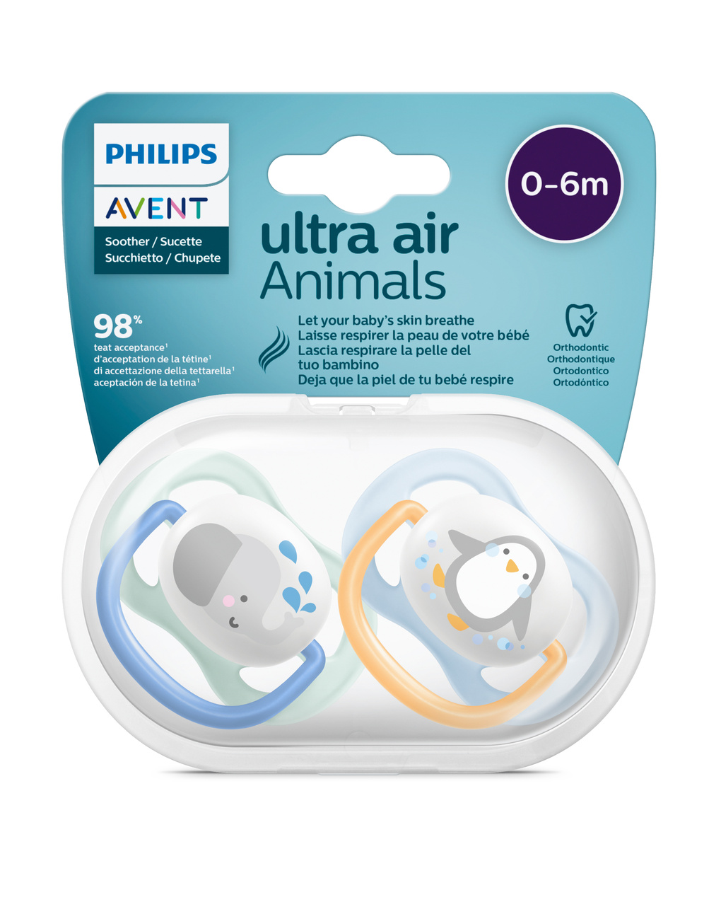 2 ciucci ultra air collection 0-6 mesi con tettarella simmetrica ortodontica - animaletti - philips avent