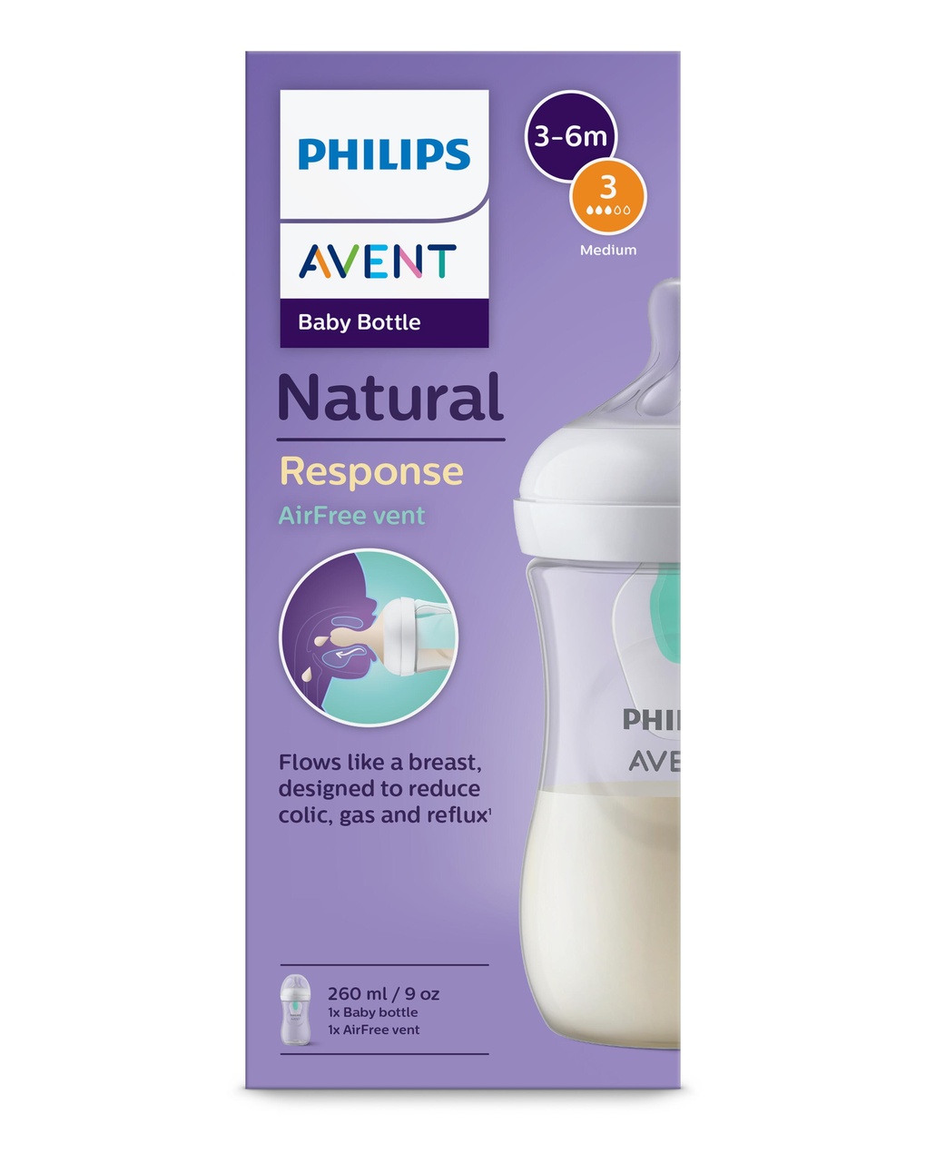 Biberon natural response con valvola airfree 260 ml, con tettarella flusso 3 (medio). età consigliata: 3-6m. biberon 1 pz: scy673/01 - philips avent