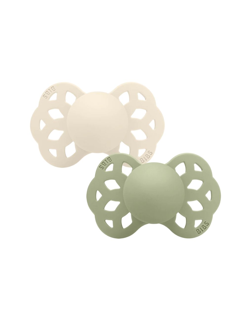 Set 2 ciucci tettarella simmetrica in silicone 6/18 mesi - colore avorio/salvia - bibs