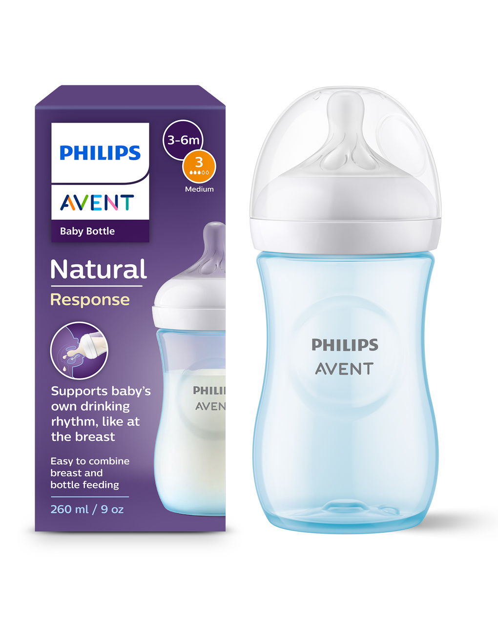 Biberon natural response azzurro 260 ml, con tettarella flusso 3 (medio). età consigliata: 3-6m. biberon 1 pz: scy903/21 - philips avent