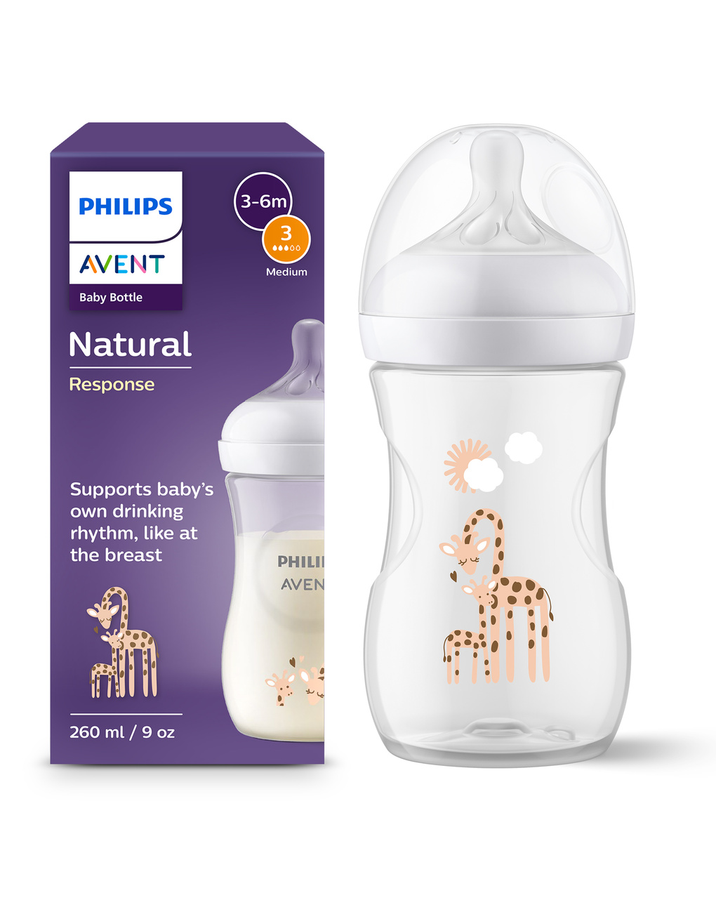 Biberon natural response deco giraffa 260 ml, con tettarella flusso 3 (medio). età consigliata: 3-6m. biberon 1 pz: scy903/66 - philips avent