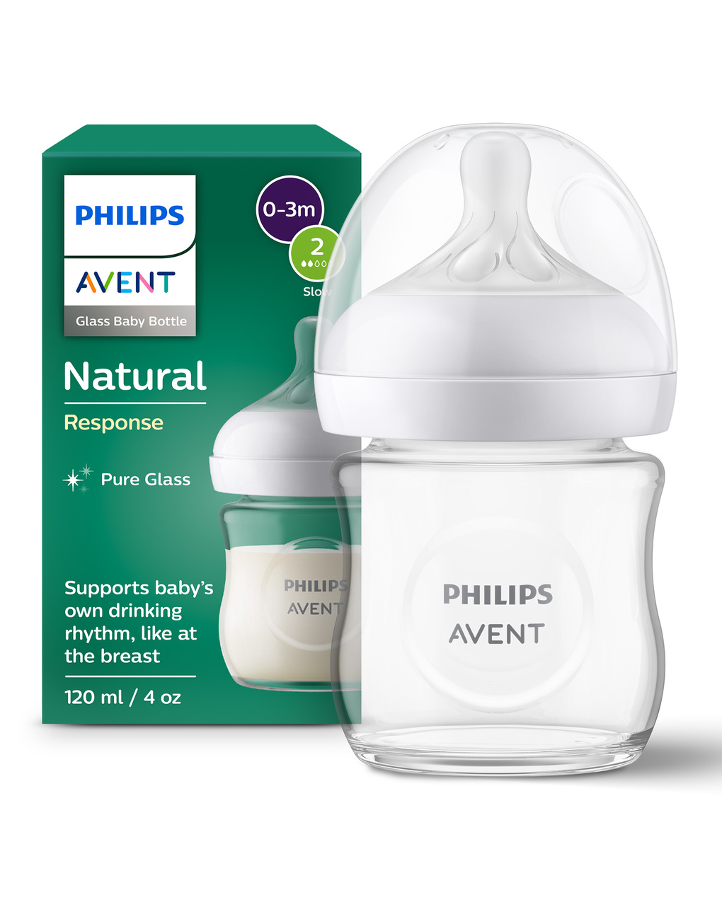Biberon natural response in vetro 120 ml, con tettarella flusso 2 (lento). età consigliata: 0-3m. biberon 1 pz: scy930/01 - philips avent