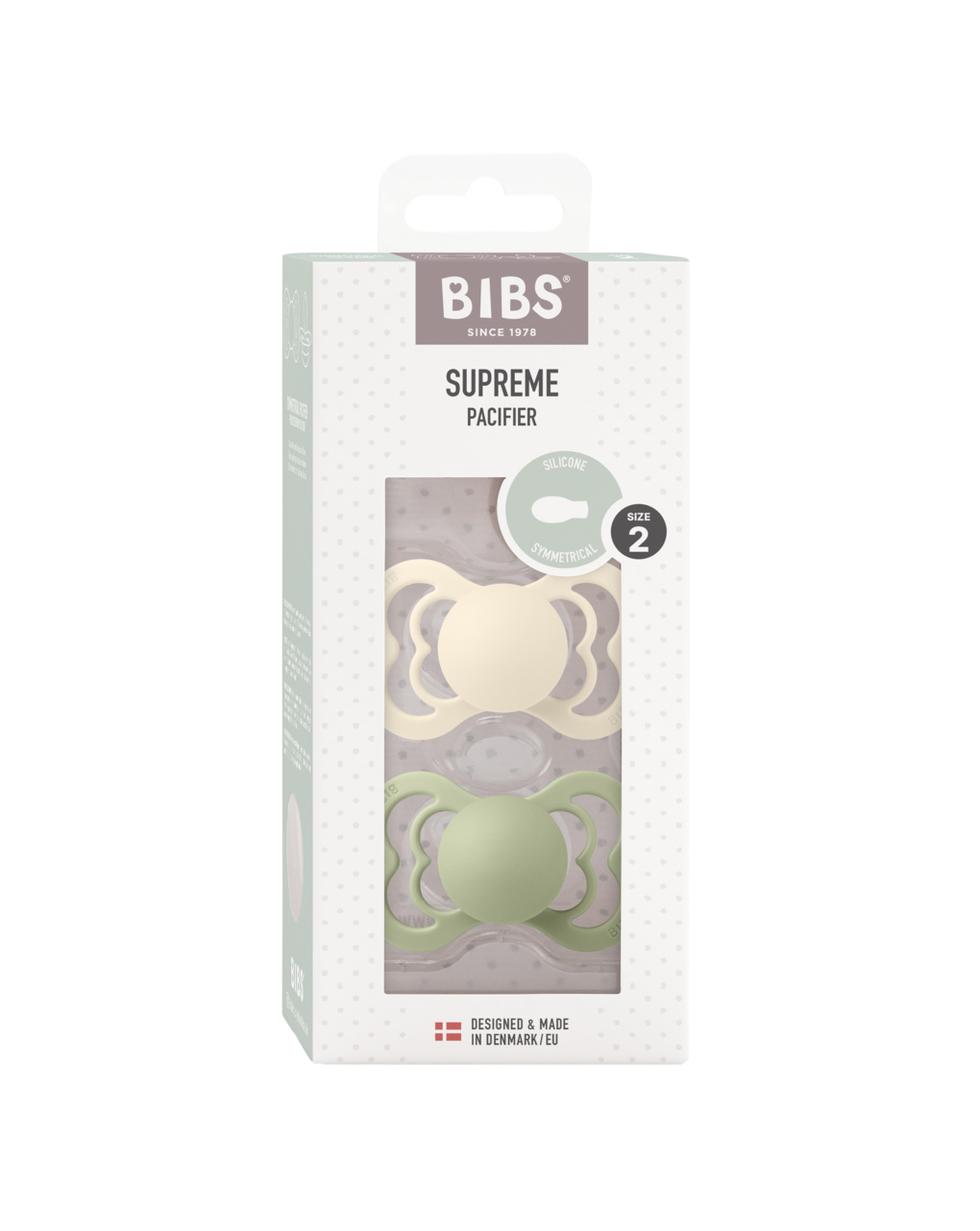 Set 2 ciucci supreme tettarella simmetrica in silicone 6+ mesi – colore avorio/salvia – bibs