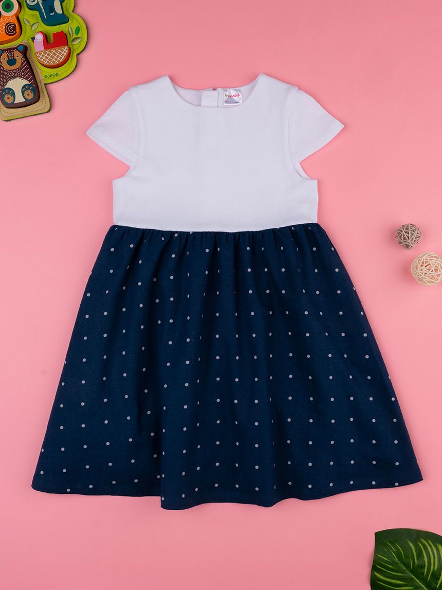 Abito lino con gonna blue a pois