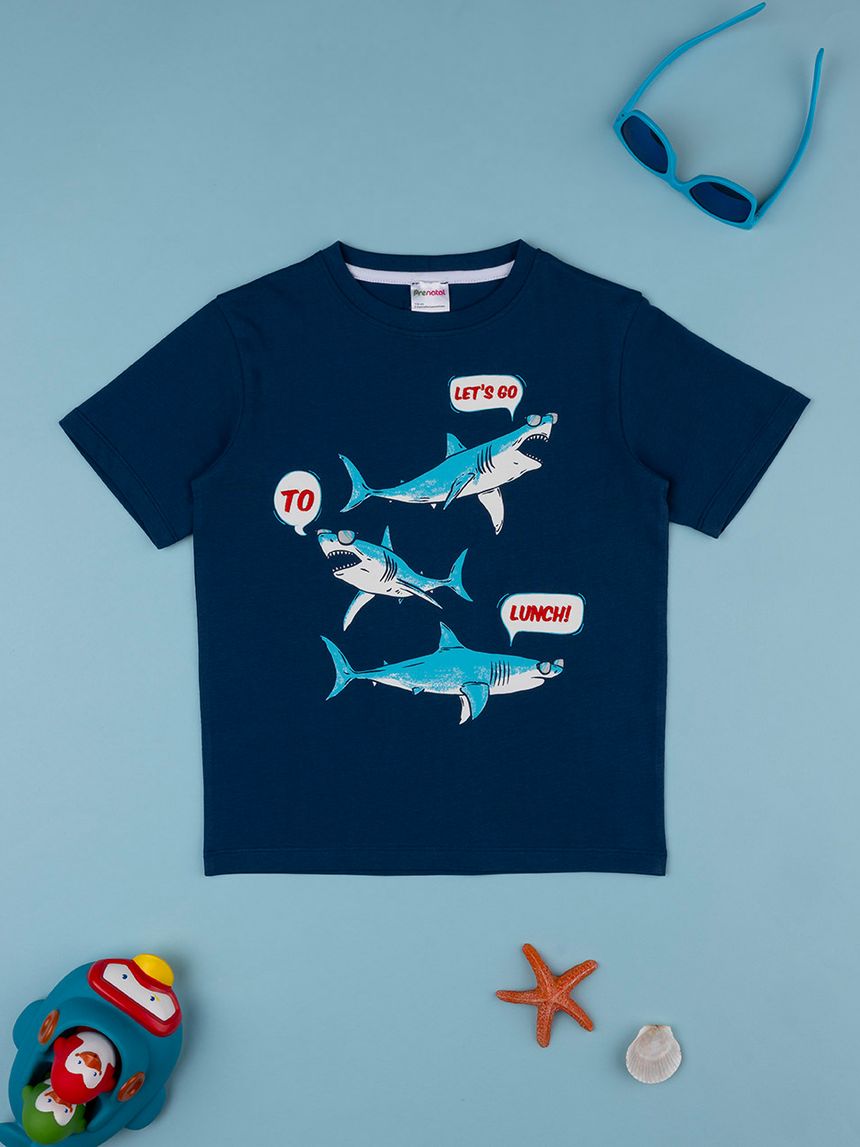 T-shirt blu maniche corte "squali"