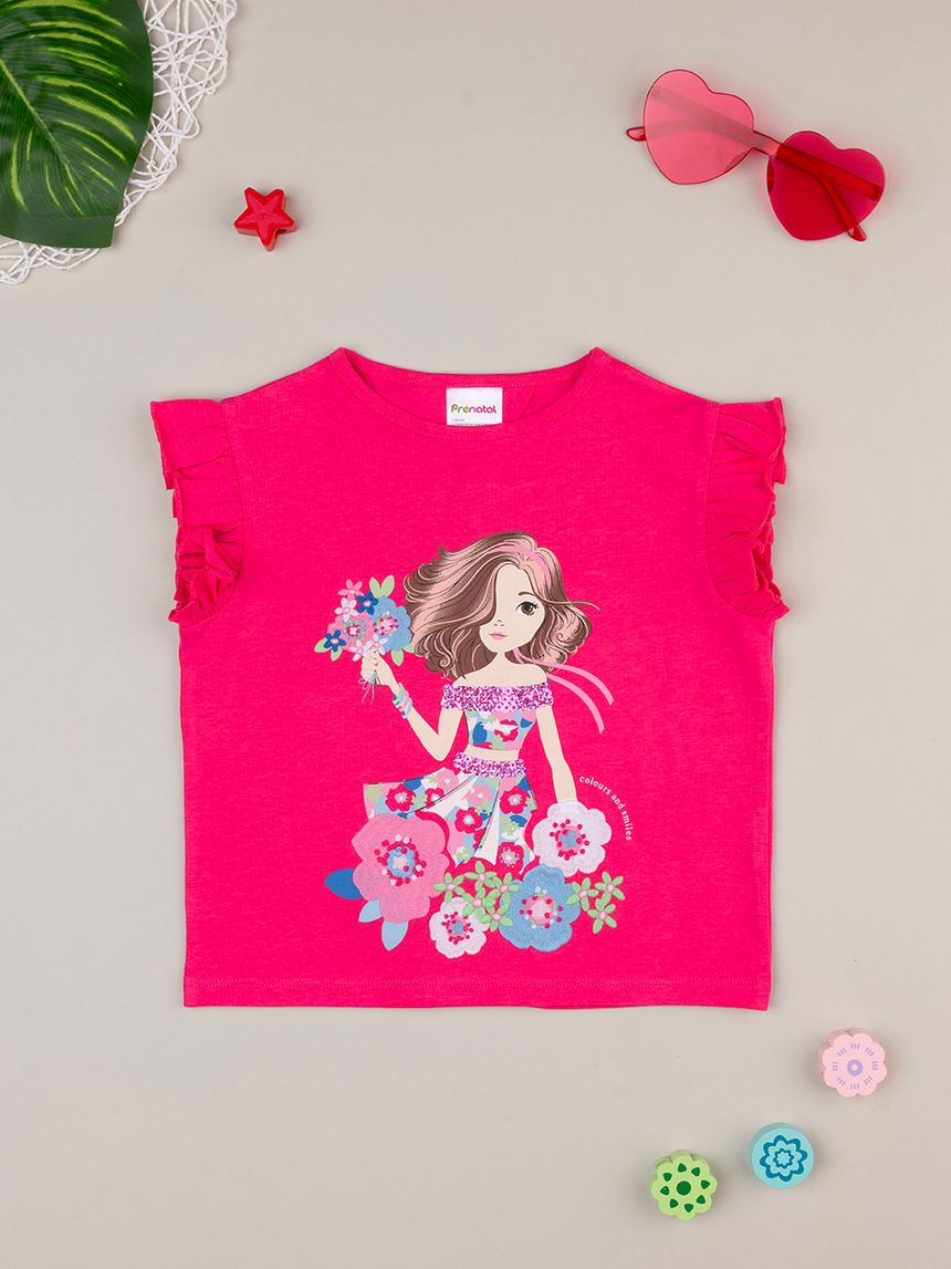 T-shirt bimba fuxia stampata