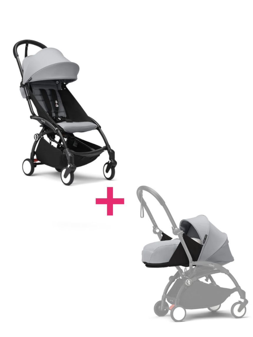 Passeggino duo con telaio yoyo³ black con seduta e navicella morbida stone 6+ - stokke® yoyo®