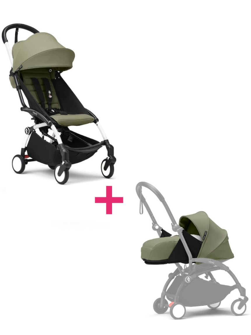Passeggino duo con telaio yoyo³ white con seduta e navicella morbida olive 6+ - stokke® yoyo®