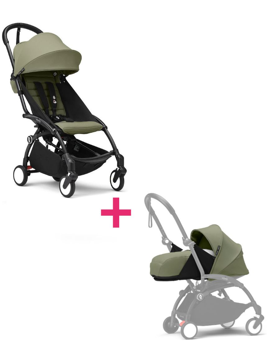 Passeggino duo con telaio yoyo³ black con seduta e navicella morbida olive 6+ - stokke® yoyo®