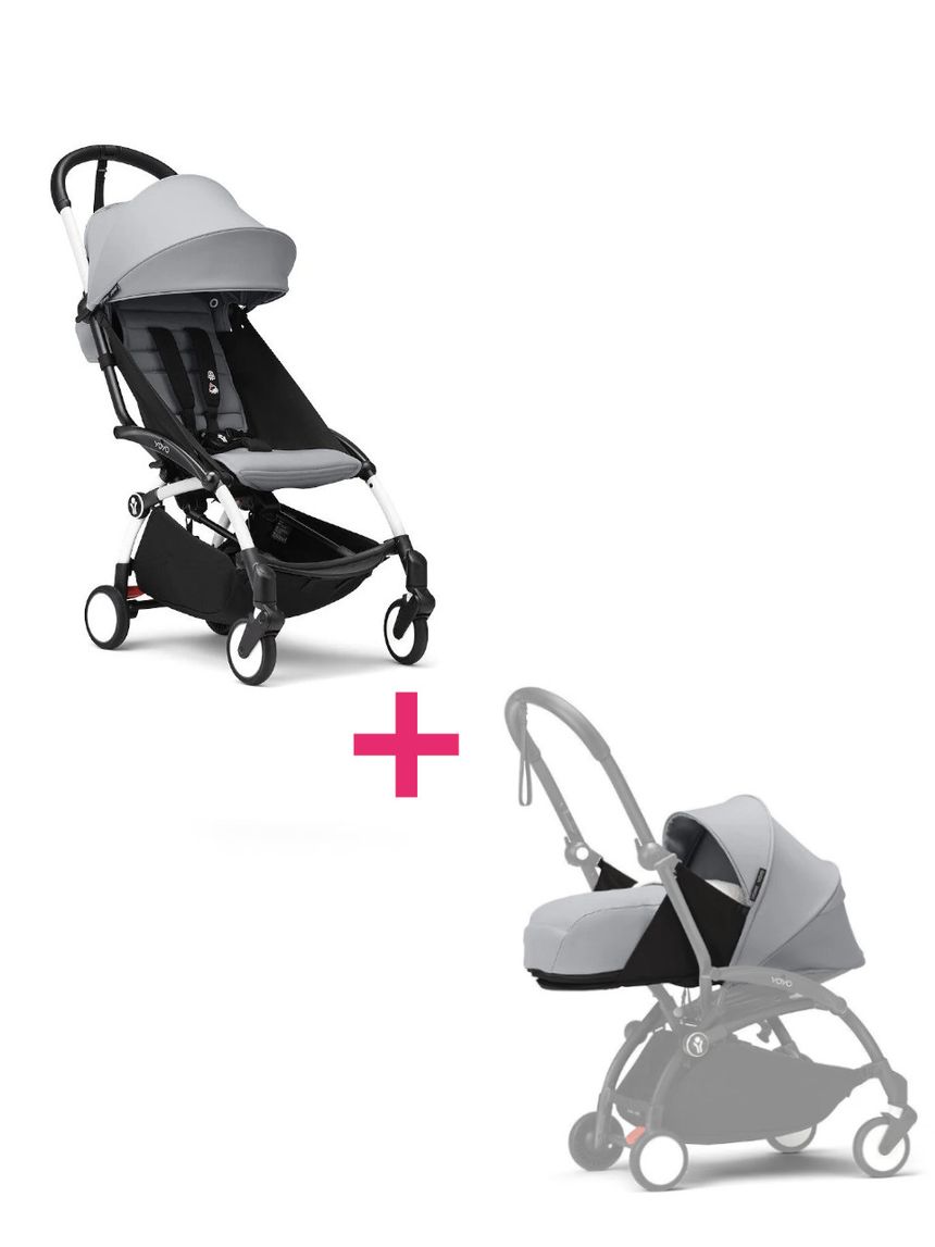 Passeggino duo con telaio yoyo³ white con seduta e navicella morbida stone 6+ - stokke® yoyo®