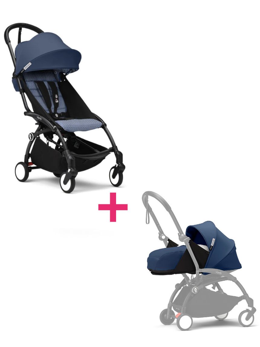 Passeggino duo con telaio yoyo³ black con seduta e navicella morbida air france blue 6+ - stokke® yoyo®