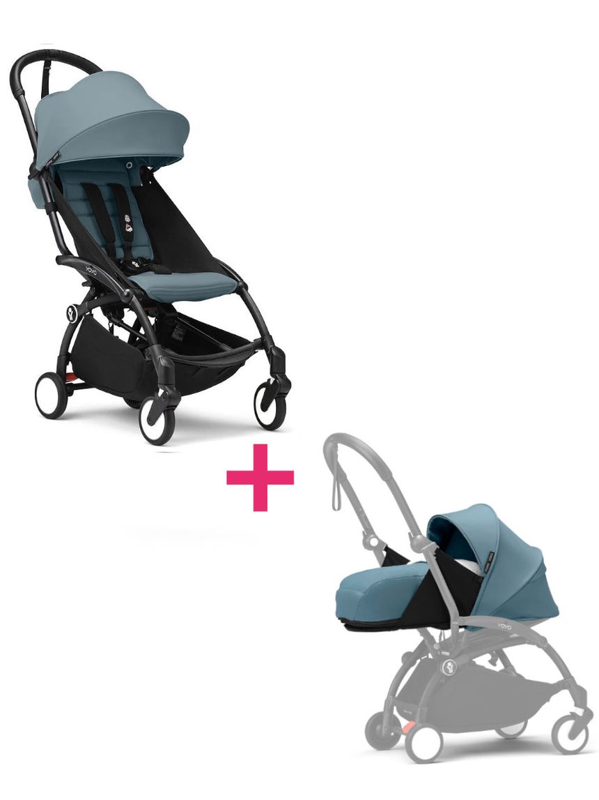 Passeggino duo con telaio yoyo³ black con seduta e navicella morbida aqua 6+ - stokke® yoyo®
