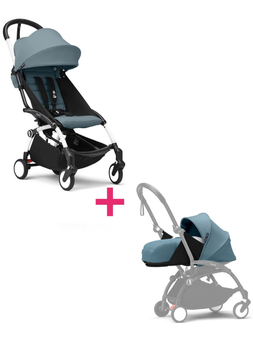 Passeggino duo con telaio yoyo³ white con seduta e navicella morbida aqua 6+ - stokke® yoyo®