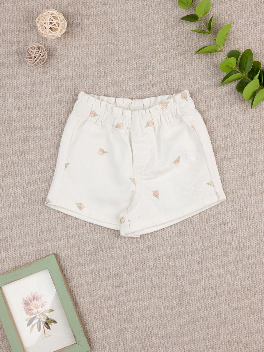 Shorts bimba panna tulipani ricamati