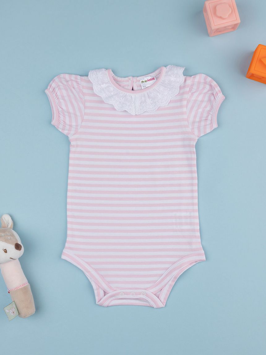 Body bimba rigato rosa con colletto