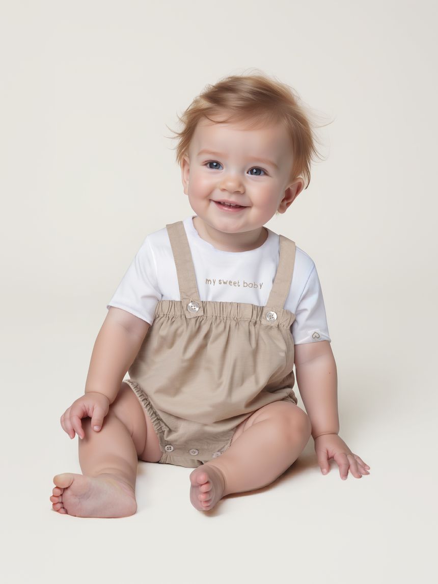 Completo premium bimba t-shirt e salopette beige