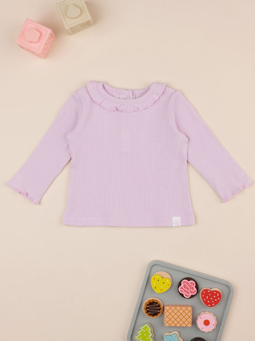 Maglia coste bimba rosa con colletto