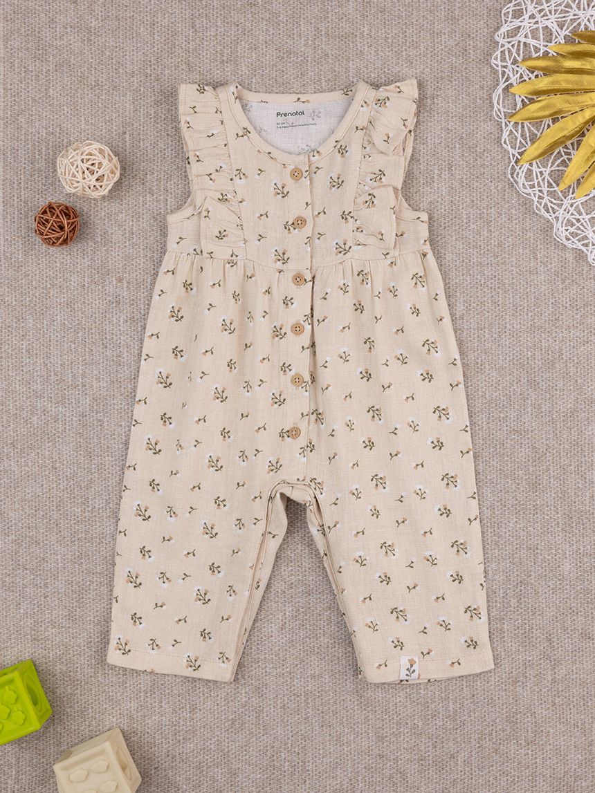Tutina bimba in lino beige fiori allover