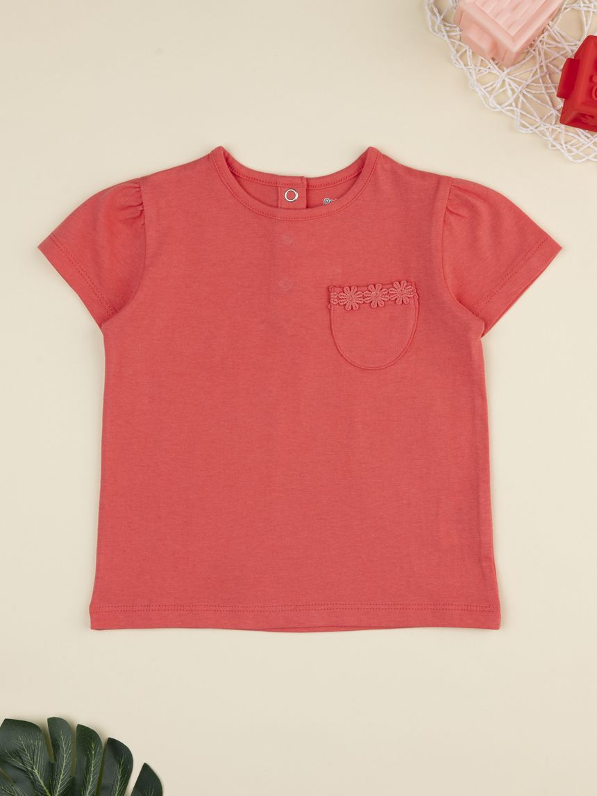 T-shirt bimba corallo con taschino