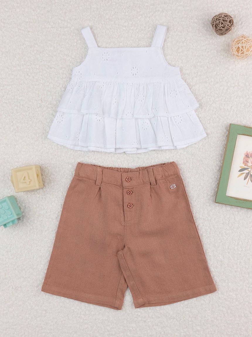 Completo bimba marrone/bianco sangallo e lino