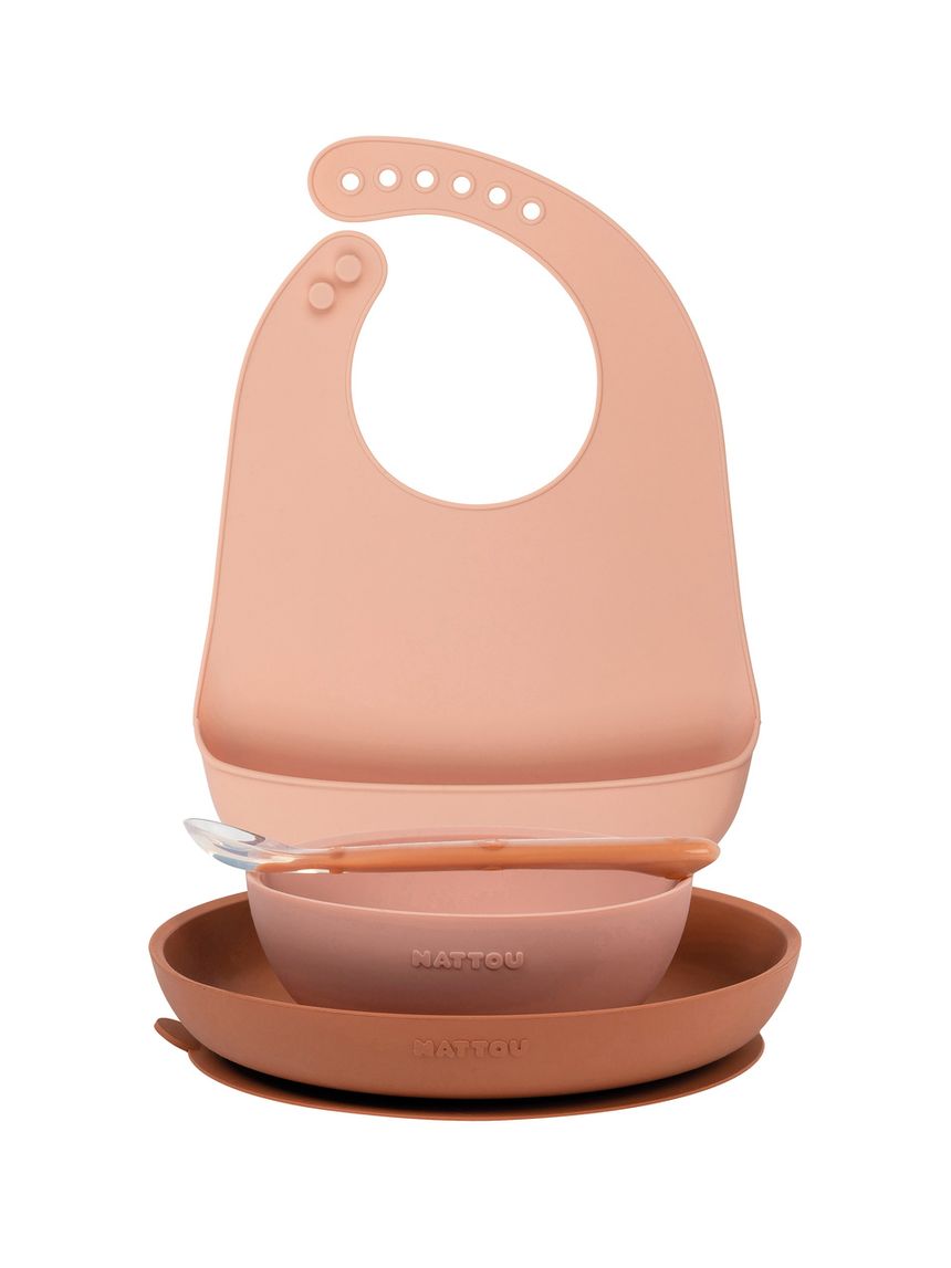 Set 4 pezzi rosa con bavaglino per la pappa in silicone - nattou