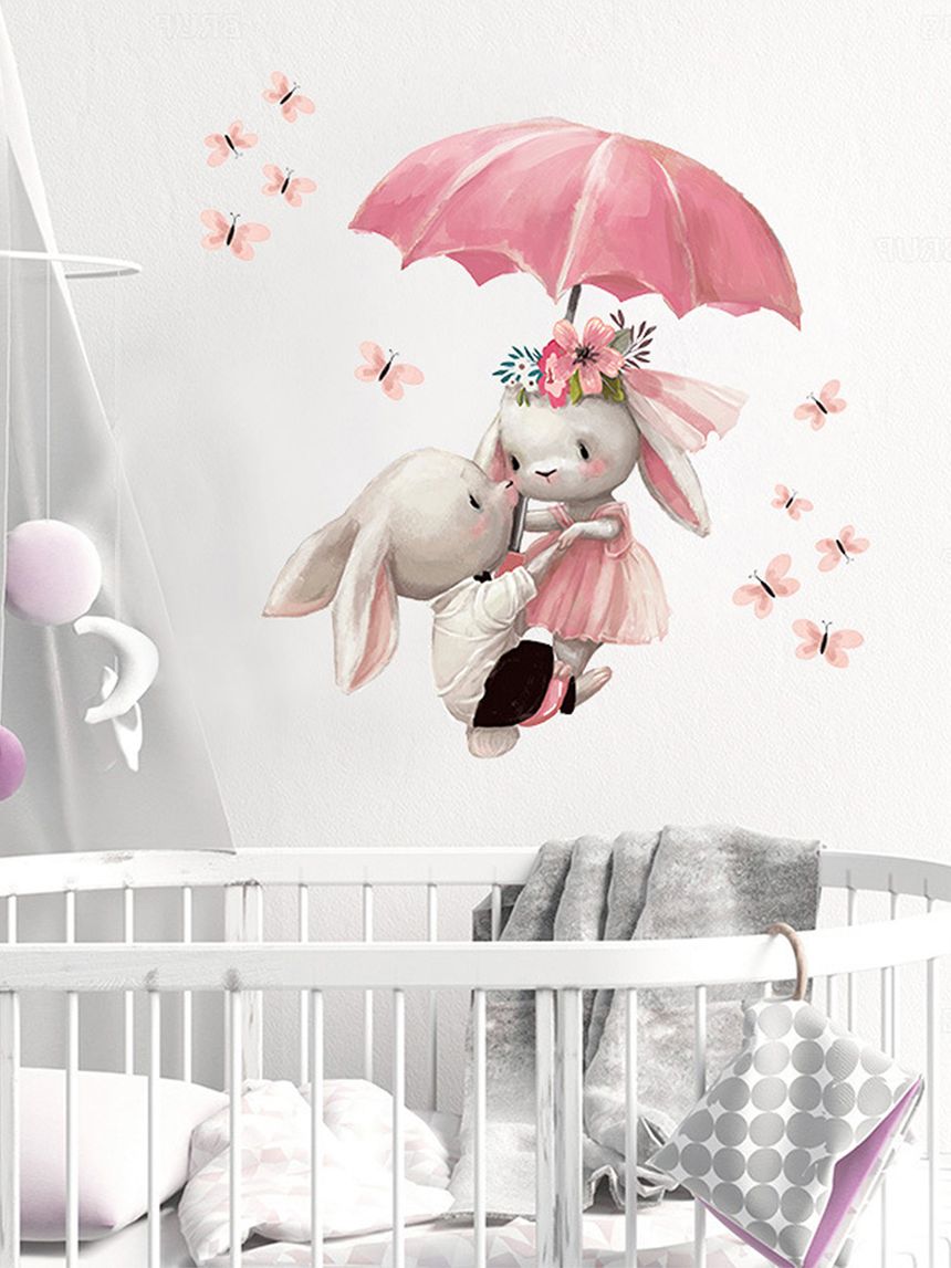 Adesivo decorativo da parete - coniglietti con ombrello - autoadesivo - sipo