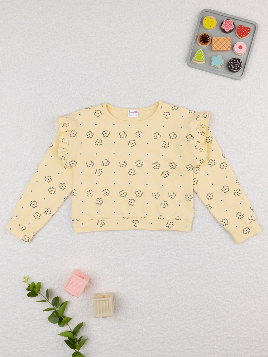 Felpa bimba gialla margherite allover e rouches