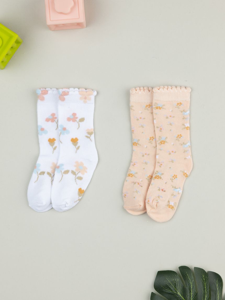 Pack 2 gambaletti bambina bianco/rosa fiori