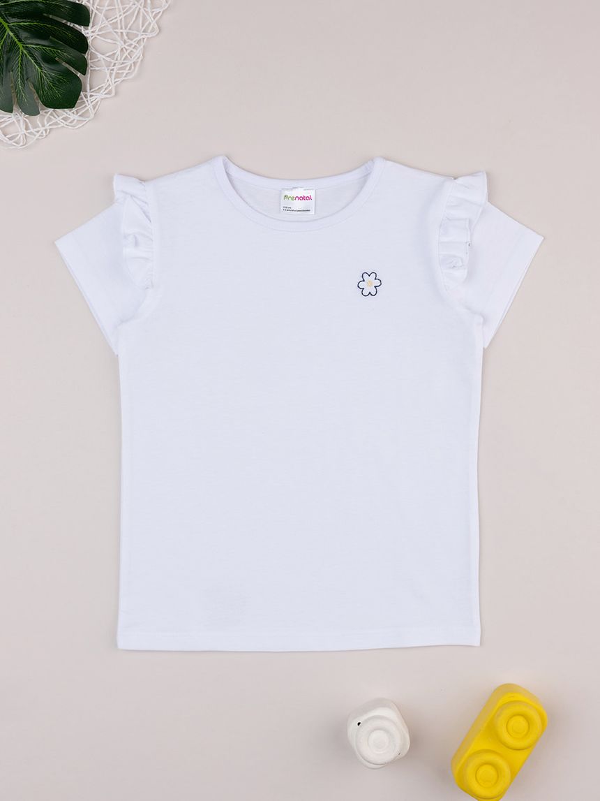 T-shirt bimba bianca frill e fiore